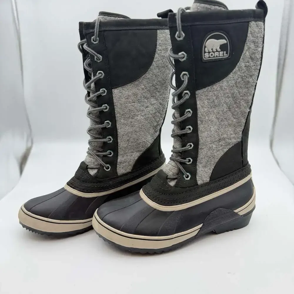 Sorel Sorelli Tall Waterproof Lace-Up Winter Boots in Black and Grey Felt